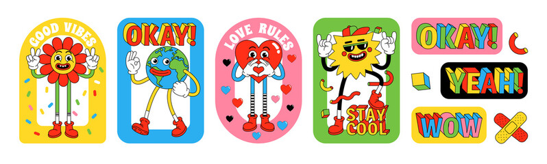 Funny cartoon characters. Sticker pack, posters, prints in trendy retro cartoon style.
