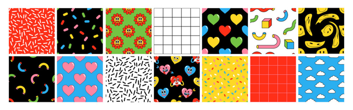Cartoon seamless patterns. Vector illustration of heart, patch, earth, berry, hands, abstract faces etc.