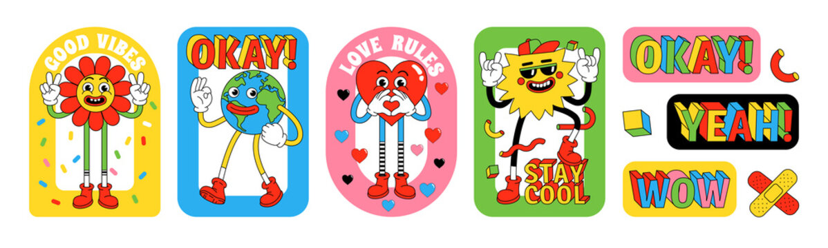 Naklejka Funny cartoon characters. Sticker pack, posters, prints in trendy retro cartoon style.