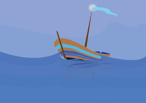 sea ​​illustration boat on small sea waves