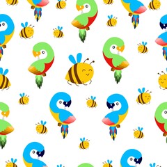 Seamless pattern with ara parrots and flying bees. Blue, yellow, green, pink, red. White background. Cartoon style. Cute and funny. For kids post cards, stationery, wallpaper, textile, wrapping paper
