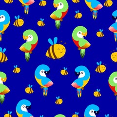 Seamless pattern with ara parrots and flying bees. Blue, yellow, green, pink, red. Blue background. Cartoon style. Cute and funny. For kids post cards, stationery, wallpaper, textile, wrapping paper