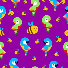 Seamless pattern with ara parrots and flying bees. Blue, yellow, green, pink, red. Purple background. Cartoon style. Cute and funny. For kids post cards, stationery, wallpaper, textile, wrapping paper