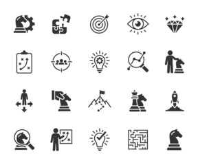 Vector set of business strategy flat icons. Contains icons tactic, plan, target audience, research, problem, path, direction and more. Pixel perfect.