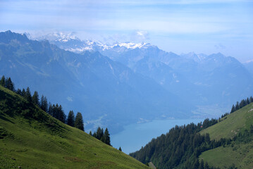 Fototapeta premium Panoramic view of Swiss alps at Bernese Highland on a beautiful sunny summer day seen from Brienzer Rothorn. Photo taken July 21st, Flühli, Switzerland.