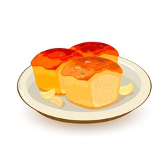 Bread donuts with garlic and greenery served on shallow plate. Vector ukrainian national meal, fresh pastry, homemade dish, ethnic food idea isolated on white background