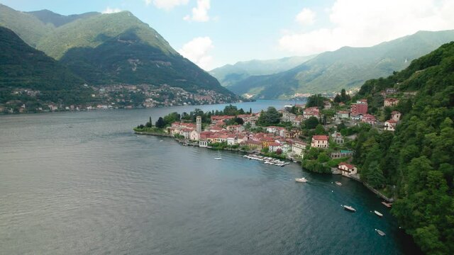 Town of Torno on Como lake aerial view, Lombardy region of Italy