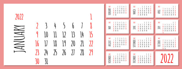 2022 hand written calendar layout, printable vector template, sunday first