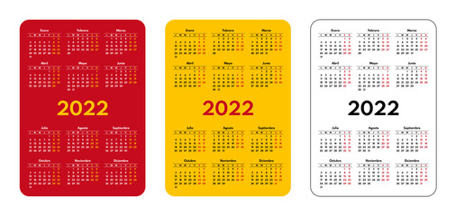 2022 pocket size calendars set, spanish language, spain flag colors