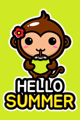 cartoon cute monkey vector design drinking coconut fruit on summer hello greeting card