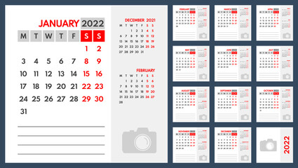 2022 business planner printable vector template, each month on separate page, monday first