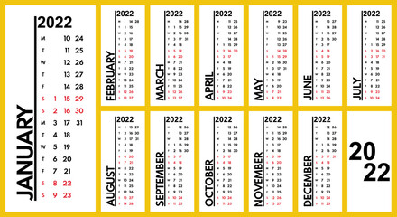 2022 vertical narrow monthly full year calendar layout, printable vector template, monday first, two weekends - obrazy, fototapety, plakaty