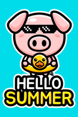 cute cartoon pig vector design wearing duck float on summer hello greeting card