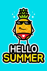 Cool and cute cartoon pineapple fruit vector design on hello summer greeting card