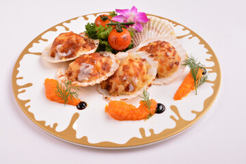 bbq baked cheese fresh scallop on shell seafood canapés with nice plating in white background for Christmas festival menu