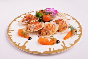 bbq baked cheese fresh scallop on shell seafood canapés with nice plating in white background for...