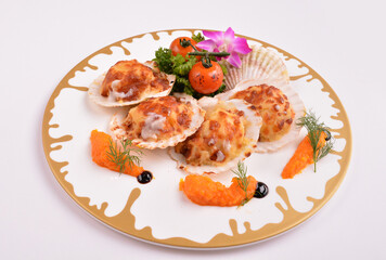 bbq baked cheese fresh scallop on shell seafood canapés with nice plating in white background for Christmas festival menu