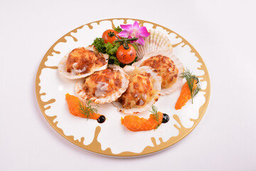 bbq baked cheese fresh scallop on shell seafood canapés with nice plating in white background for Christmas festival menu