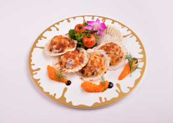 bbq baked cheese fresh scallop on shell seafood canapés with nice plating in white background for Christmas festival menu