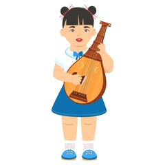 Biwa. The character plays the biwa. Vector. Cartoon style. Learning to play a musical instrument. School and education concept.