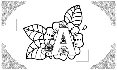 Letter a with mehndi flower decorative ornament in ethnic oriental style coloring book page 