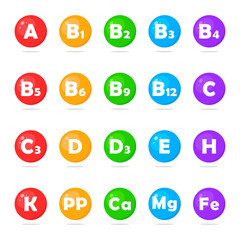 A set of vitamins or minerals. Essential nutrients for health. Vector illustration