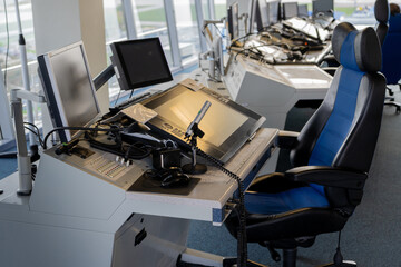 Air traffic controller workplace. Work space of the manager of takeoffs and landings of aircraft at...