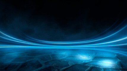 Empty background scene. Dark street reflection on wet asphalt. Rays of neon light in the dark, neon figures, smoke. Background of empty stage show. Abstract dark background.