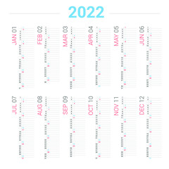 Calendar 2022 Planner Simple vertical Style. Clear and useful calendar.