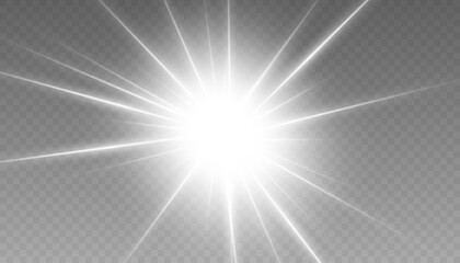 White glowing light burst explosion with transparent. Vector illustration for cool effect decoration with ray sparkles. Bright star. Transparent shine gradient glitter, bright flare. Glare texture.