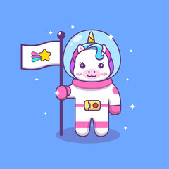 Cute kawaii unicorn astronaut holing the flag cartoon illustration