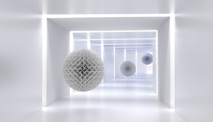 levitating textured balls in a light white corridor. Linear perspective in the interior.