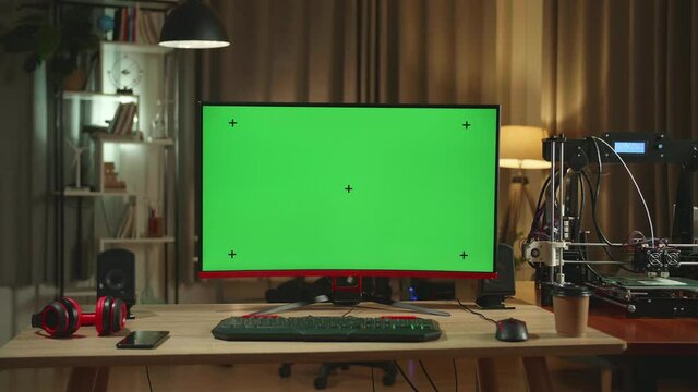 3D Printer And Personal Computer With Mock Up Green Screen Display In Home Office
