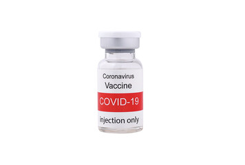 Glass bottle of Covid-19 vaccine isolated on a white background, red and white label, Healthcare and Medical concept. Injection device for preventing the spread of COVID-19 (Corona Virus).