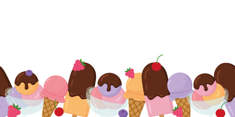 Vector chocolate and berries ice cream seamless border. Cartoon colorful illustration isolated on white background