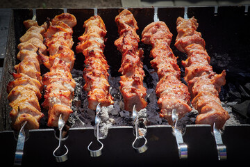 Fried meat on skewers. Grill over coals.