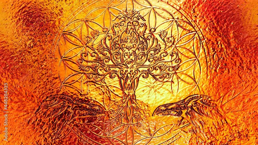 Aufkleber pair of ravens with tree of life and sacred geometry flower of life symbol.