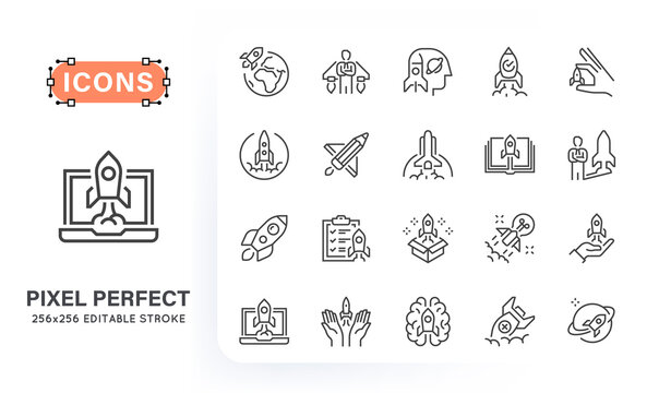 Line creative icons of rocket with various symbols. Set contains such icons as rocket launch, startup, businessman, goal and more. 256x256 pixel perfect. Editable stroke.