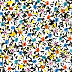 Foto op Canvas seamless floral background pattern, with flowers, leaves, paint strokes and splashes © Kirsten Hinte