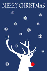 Banner con frase Merry Christmas con copos de nieve y silueta de cabeza de rena Rudolph en fondo azul