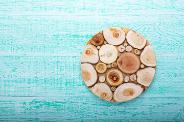Cutting board for cutting bread, pizza or steak on a wooden background.
