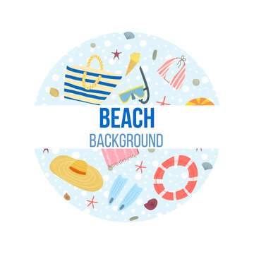 Hand drawn vector illustration of set with summer vacation beach set items hat, sun screen, swimming suit, ice cream. Card, invitation, banner, round, template.