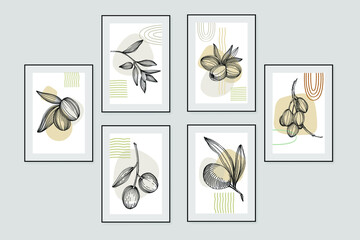 Olives art floral posters in trendy colors. Abstract hand drawing flowers and geometric elements and strokes, leaves and flower. 