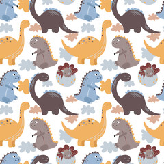 Childish seamless pattern with hand drawn dinosaurs in cartoon style. Vector Illustration. Kids illustration for nursery design. Cute baby animals on a white background.