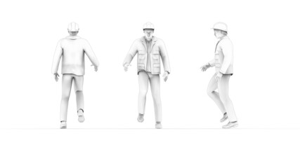 3D rendering of a hard hat worker with protective clothes uniform from front side and back isolated on white.