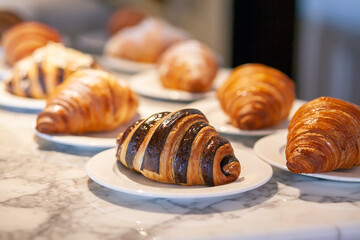 Several croissants are placed on the marble table before serving