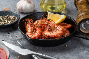 Delicious fried tiger shrimp on the slate
