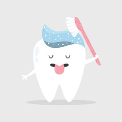 Vector illustration of a happy smiling tooth with toothpaste blot blob on it. brushing itself