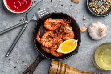 Delicious fried tiger shrimp on the slate