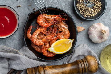 Delicious fried tiger shrimp on the slate